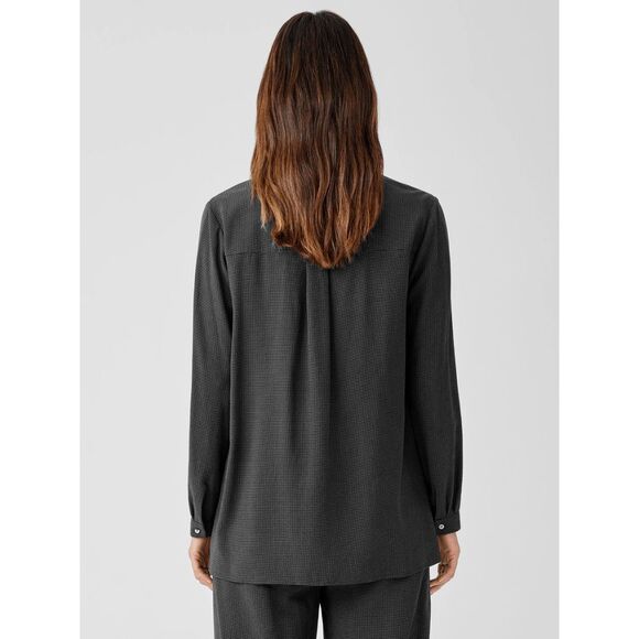 Eileen Fisher $178 Mini Check Crepe Mandarin Collar Top navy blue Large - Picture 10 of 13